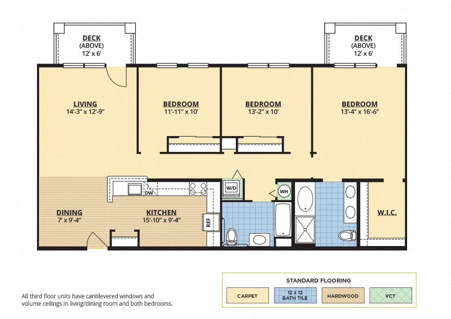 Floor plan for 3 beds, 2 baths, 1517 sqft